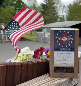 Homestead Coffee package with American flag decoration on a wooden surface