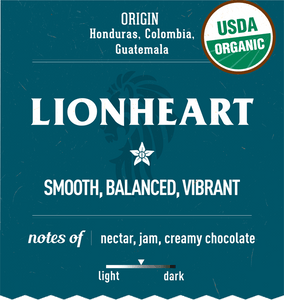 Organic medium roast specialty coffee blend Lionheart sustainable coffee label